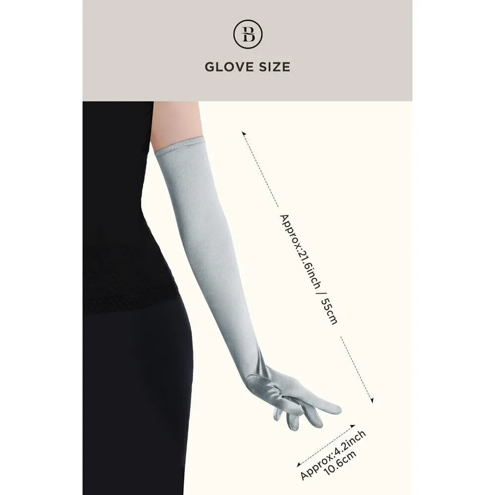 Women's Silver Vintage Satin Long Gloves Party Costume Stretchy Elbow Length